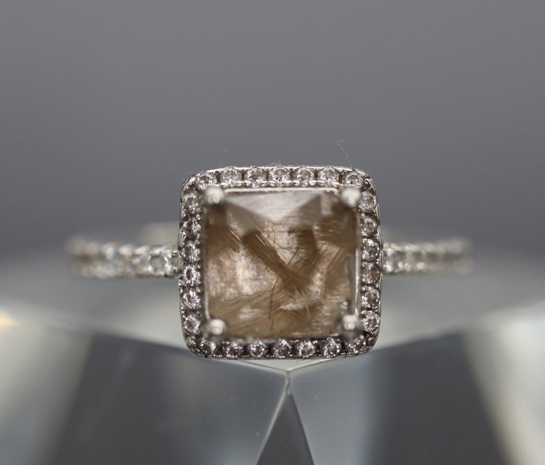 Princess Halo Ring with Hair, Fur, or Fiber Stone - Available in Sterling or Yellow Gold