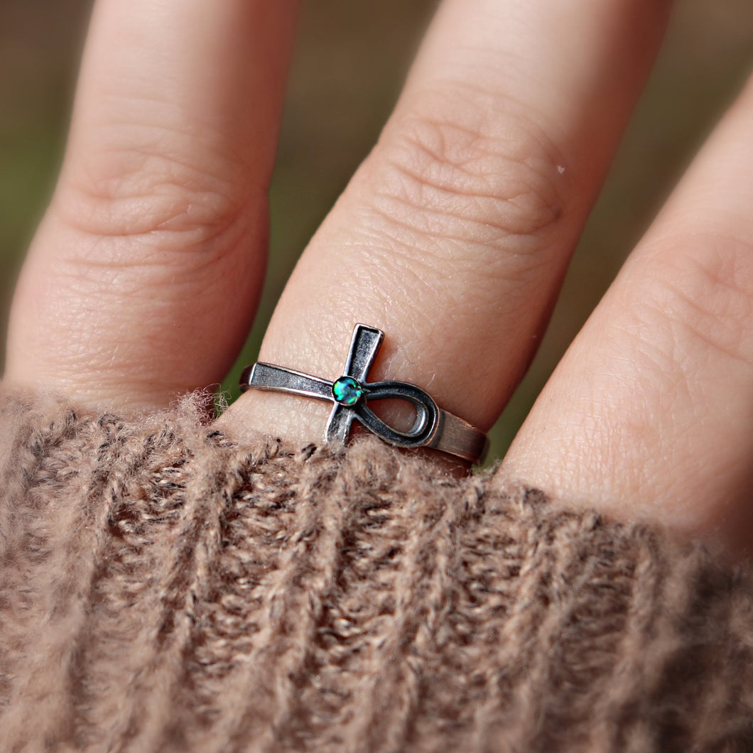 Unisex Silver Ankh Ash Ring with Cremains