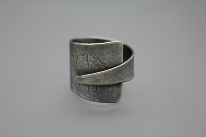Silver Adjustable Leaf Imprint Wrap Ring - Ashley Lozano Jewelry