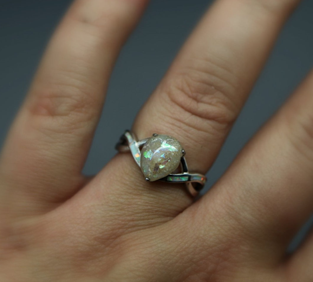 Pear Shaped Cremation Ring with Opal Inlay