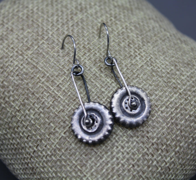 Silver Spinning Tire Earrings Made From Your Child's Toy Car Tires - Ashley Lozano Jewelry