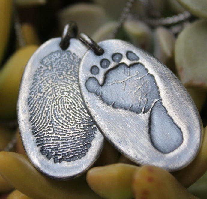 Custom Silver Fingerprint And Footprint Necklace Set - Ashley Lozano Jewelry