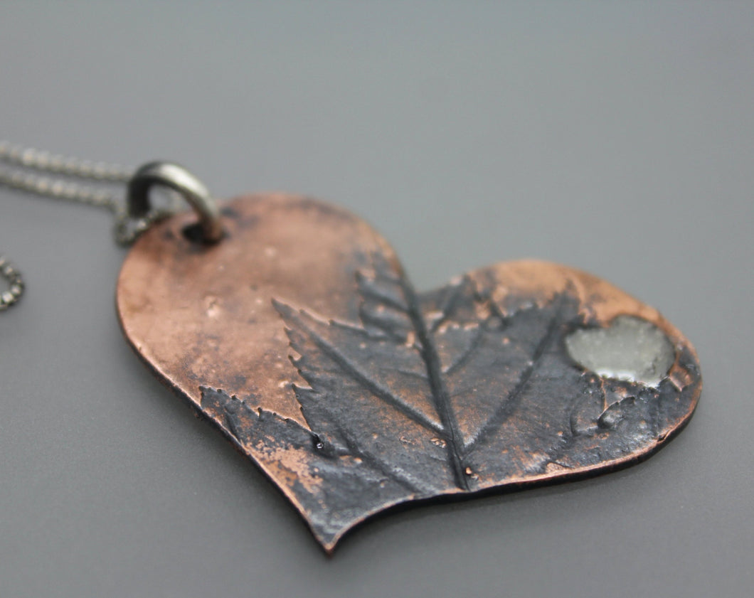 Copper Leaf Imprinted Heart Cremation Necklace - Ashley Lozano Jewelry
