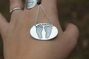 Custom Baby Footprint Oval Necklace in Silver - Ashley Lozano Jewelry