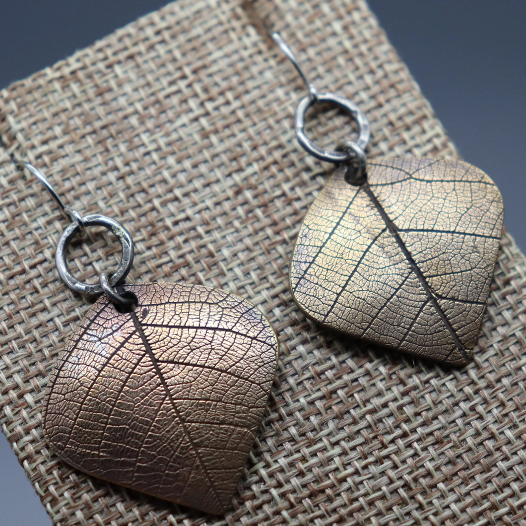 Bronze And Silver Earrings With Real Leaf Imprints - Ashley Lozano Jewelry