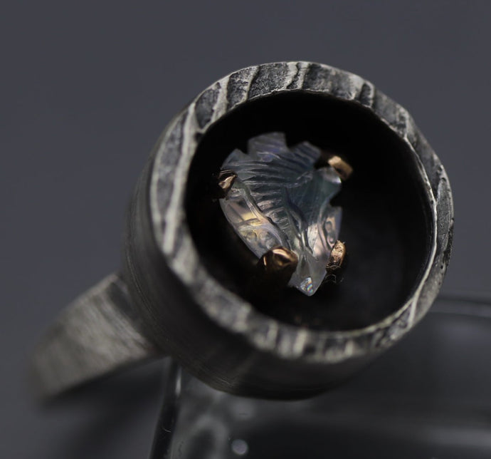 Hand Carved Anatomical Heart Moonstone Bi-Metal Ring