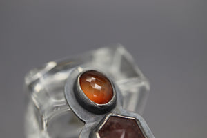 a close up of a ring with two stones