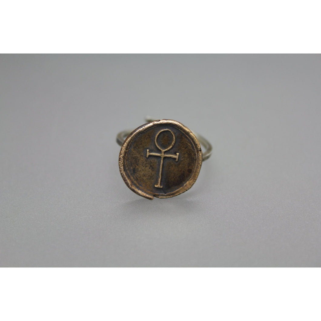 Adjustable Handmade Bronze And Silver Ankh Wax Seal Ring - Ashley Lozano Jewelry