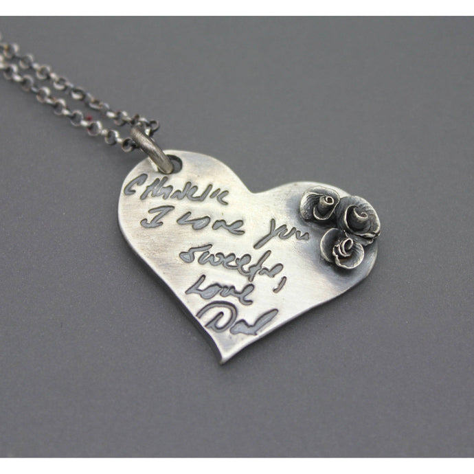 Actual Handwriting Or Signature On Silver Flower Heart Necklace - Ashley Lozano Jewelry