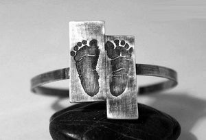 Custom Baby Footprints On A Handmade Silver Open Bangle Cuff - Ashley Lozano Jewelry