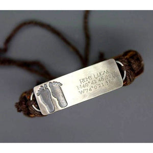 Custom Baby Footprint And Coordinate Bracelet In Silver And Leather - Ashley Lozano Jewelry