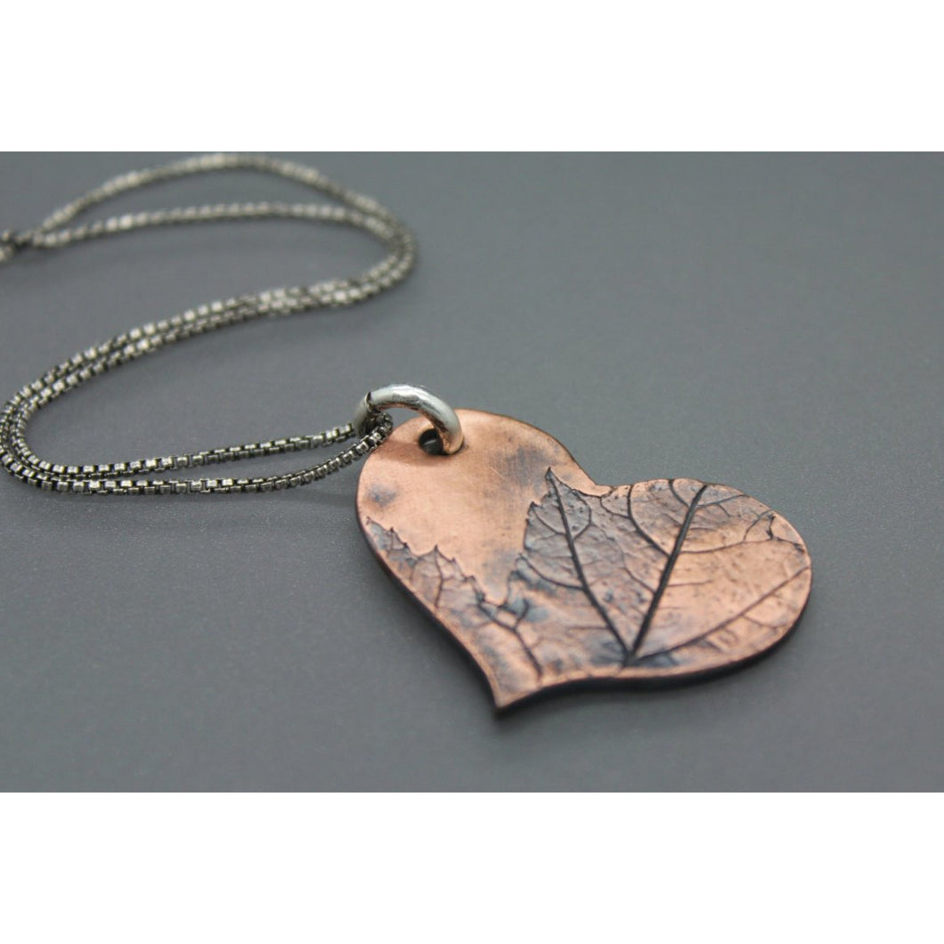 Leaf Imprinted Copper Heart Pendant On Silver Chain - Ashley Lozano Jewelry