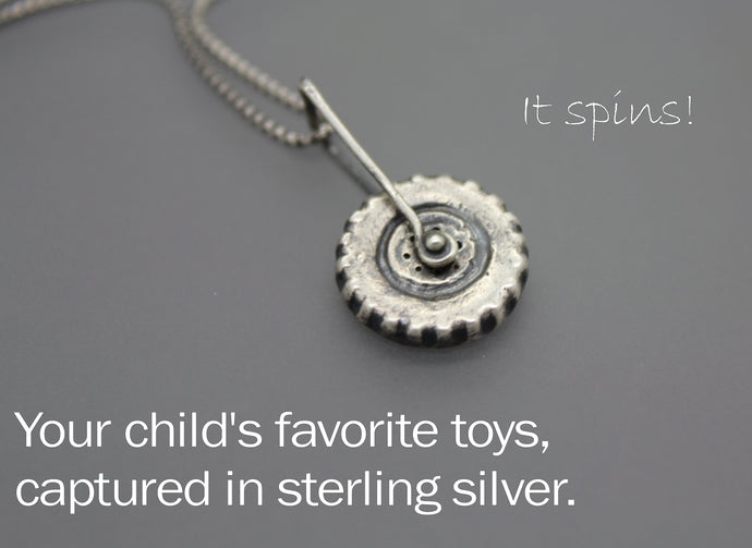 Boymom Custom Spinning Silver Necklace Made From Your Child's Favorite Toys - Ashley Lozano Jewelry