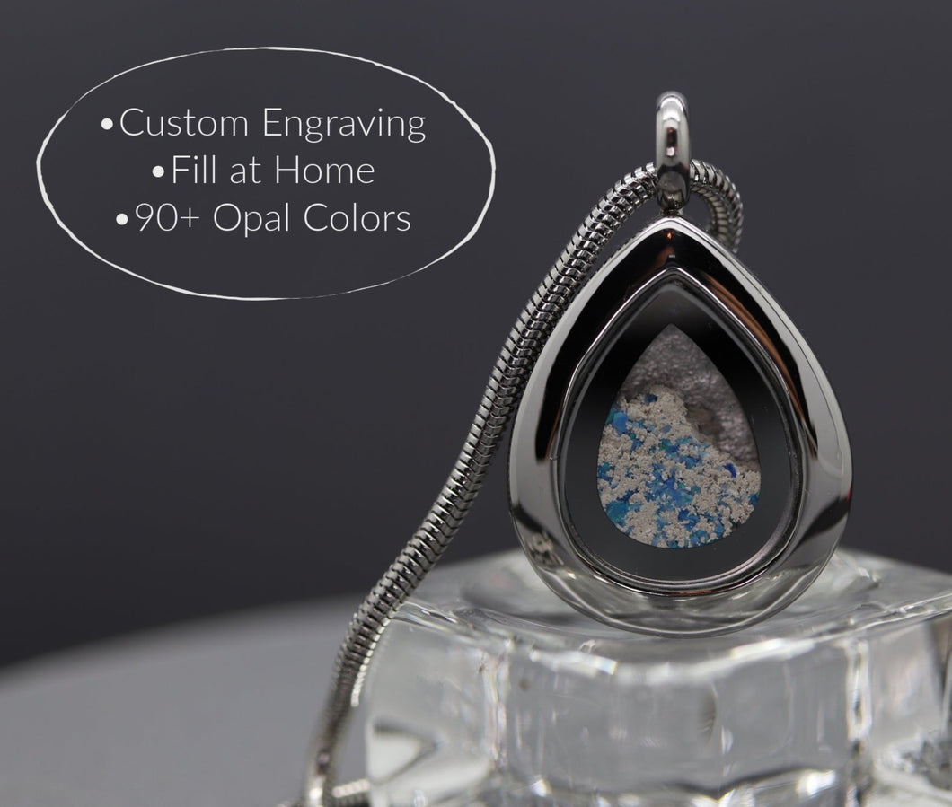 Teardrop Shaped Engraved Urn Necklace (Stainless Steel & Glass) - Fill At Home